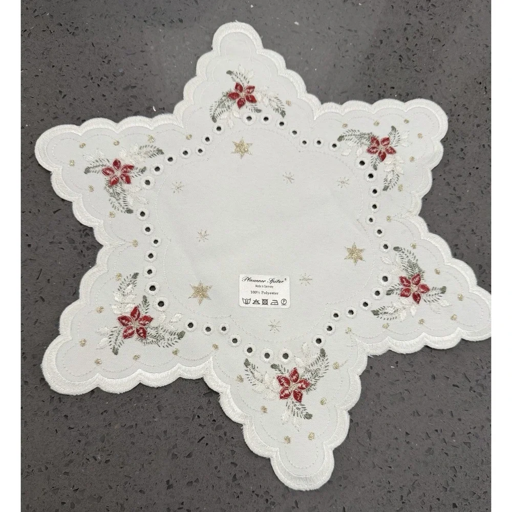Star Handmade‎ Christmas Linen Red Flowers Tablecloth Doily Made In Germany